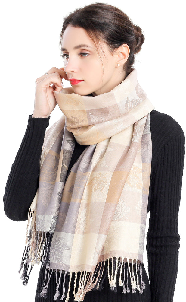 Plaid Leaf Motif Pashmina