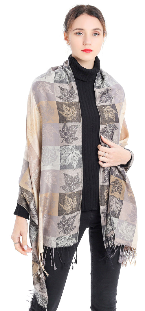 Plaid Leaf Motif Pashmina
