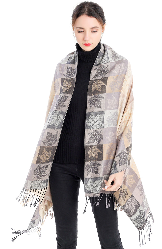 Plaid Leaf Motif Pashmina
