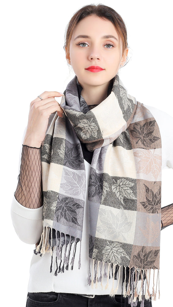 Plaid Leaf Motif Pashmina