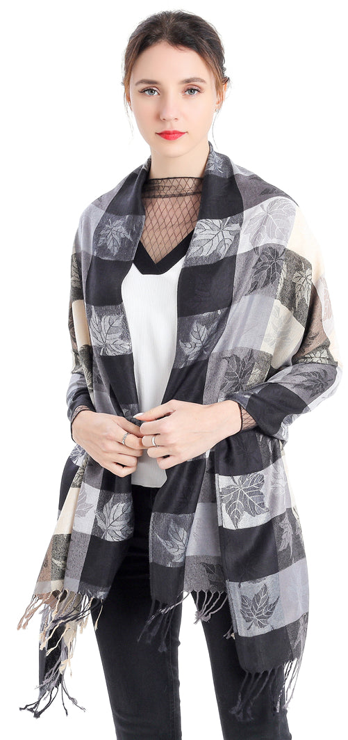 Plaid Leaf Motif Pashmina