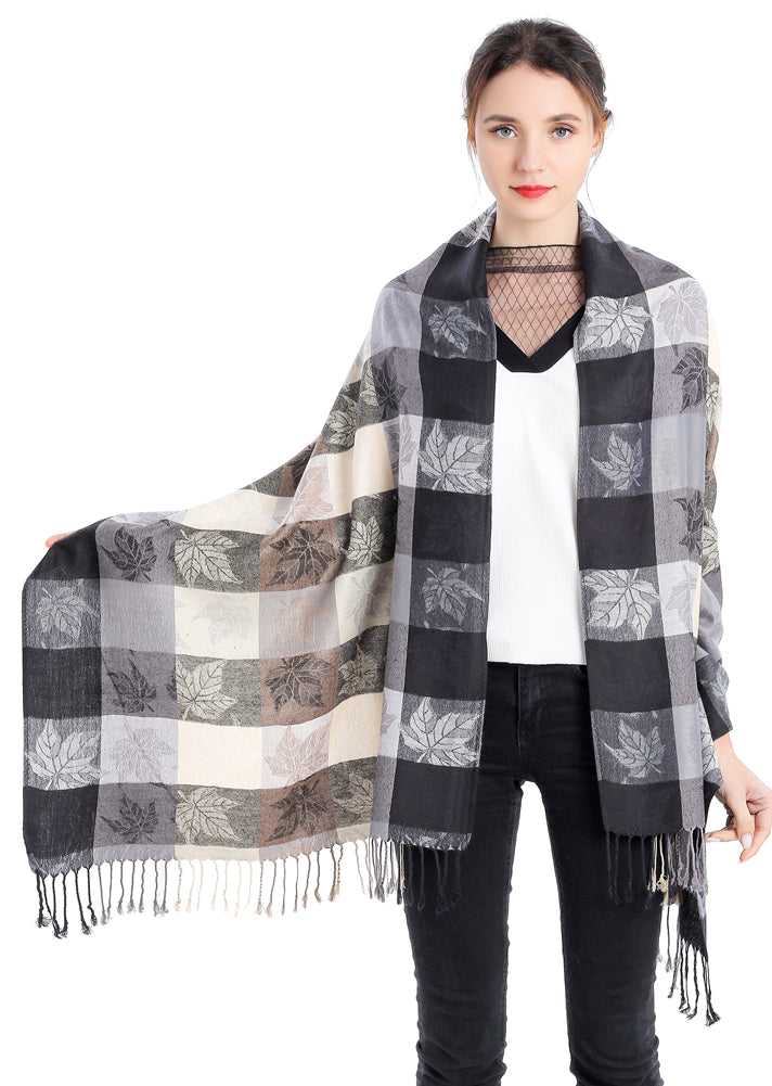 Plaid Leaf Motif Pashmina