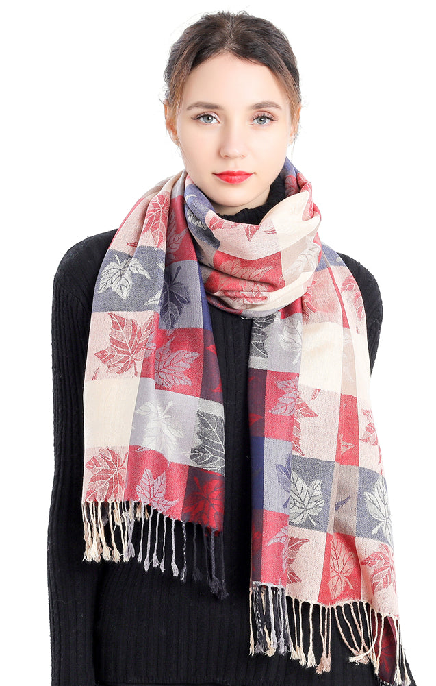 Plaid Leaf Motif Pashmina