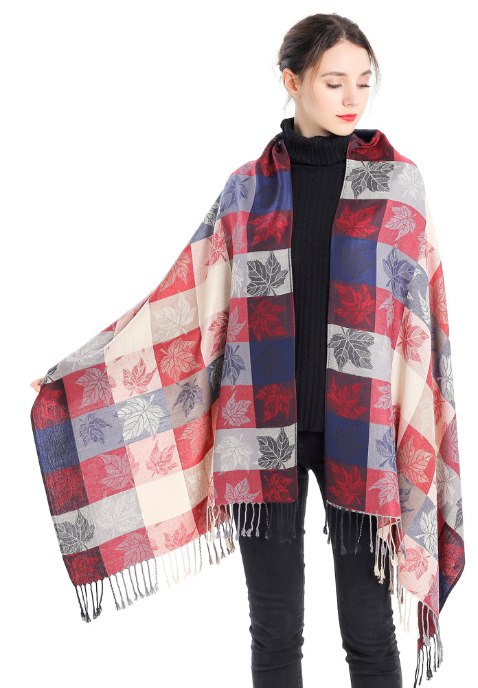 Plaid Leaf Motif Pashmina