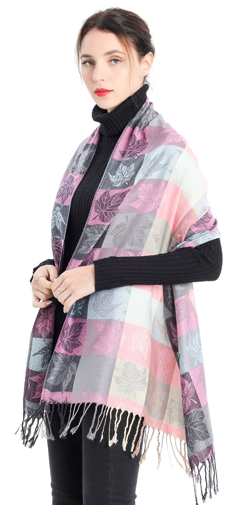 Plaid Leaf Motif Pashmina