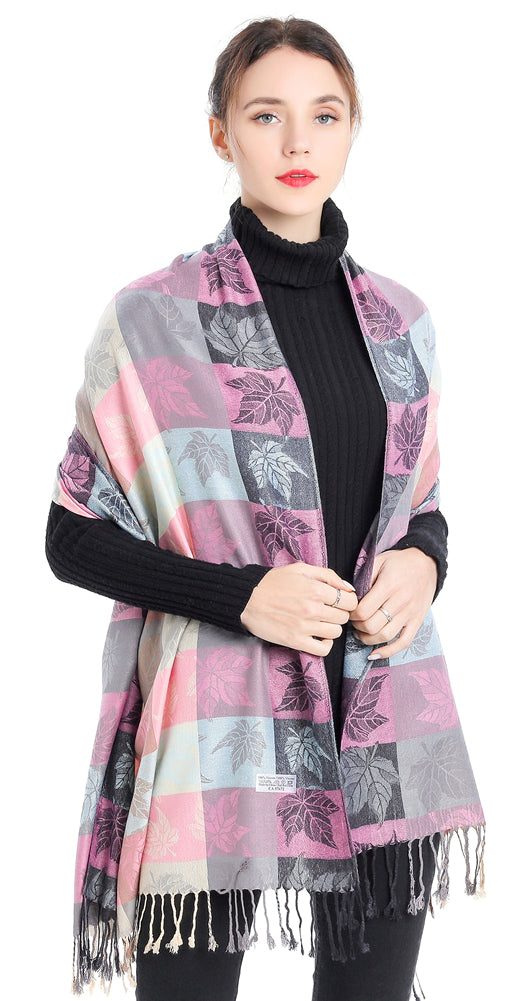 Plaid Leaf Motif Pashmina