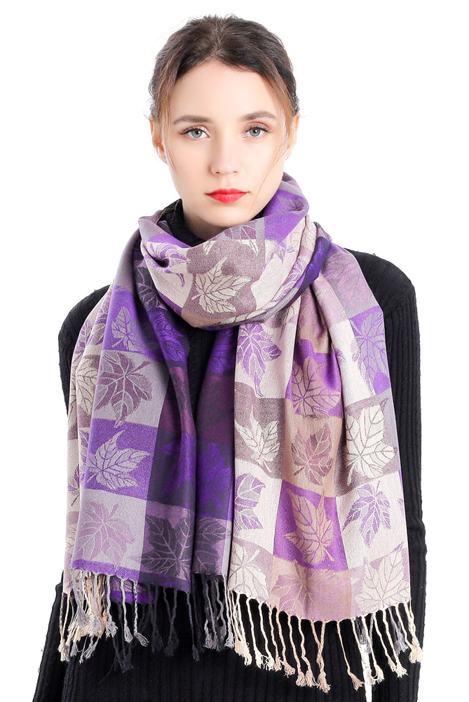 Plaid Leaf Motif Pashmina