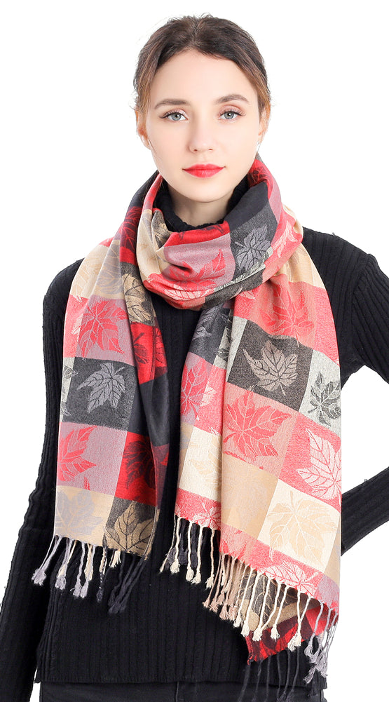 Plaid Leaf Motif Pashmina