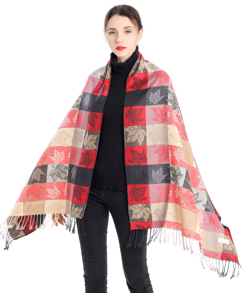 Plaid Leaf Motif Pashmina