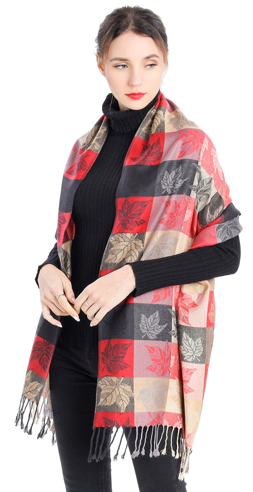 Plaid Leaf Motif Pashmina