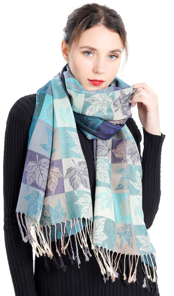 Plaid Leaf Motif Pashmina