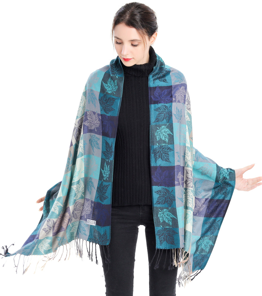 Plaid Leaf Motif Pashmina