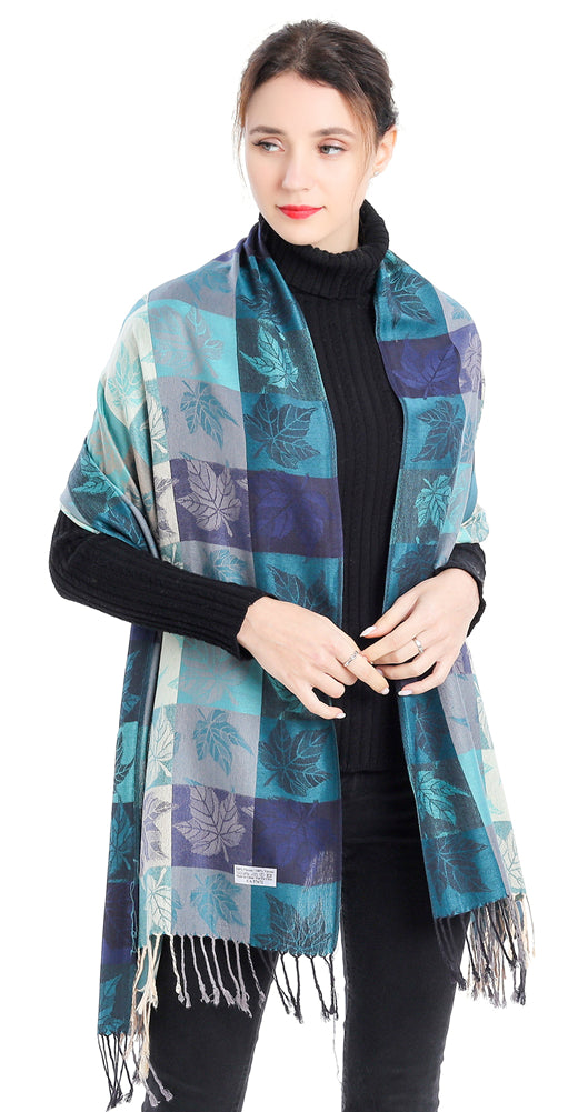 Plaid Leaf Motif Pashmina